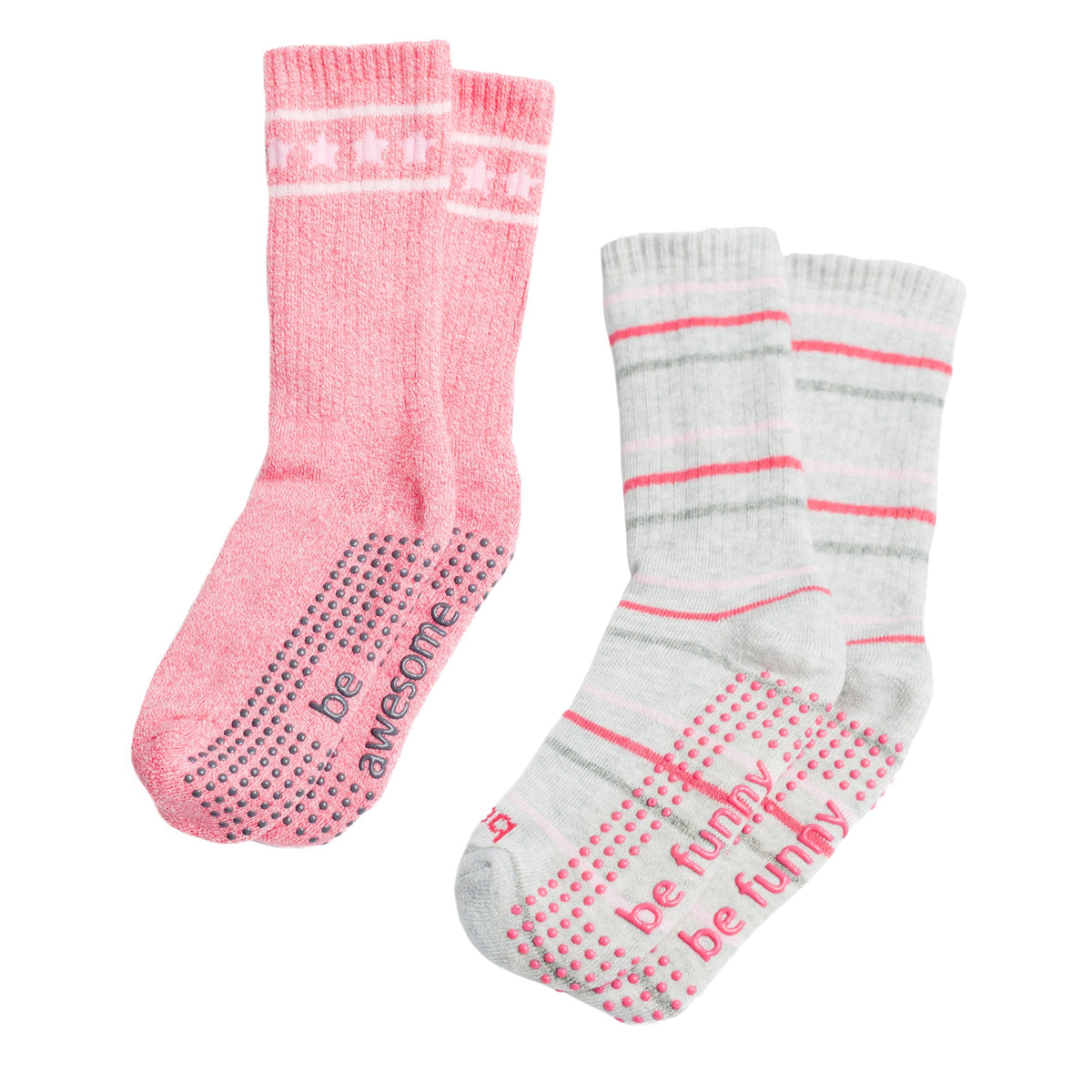 Two pairs of socks, one pink and one gray with text, on a white background.