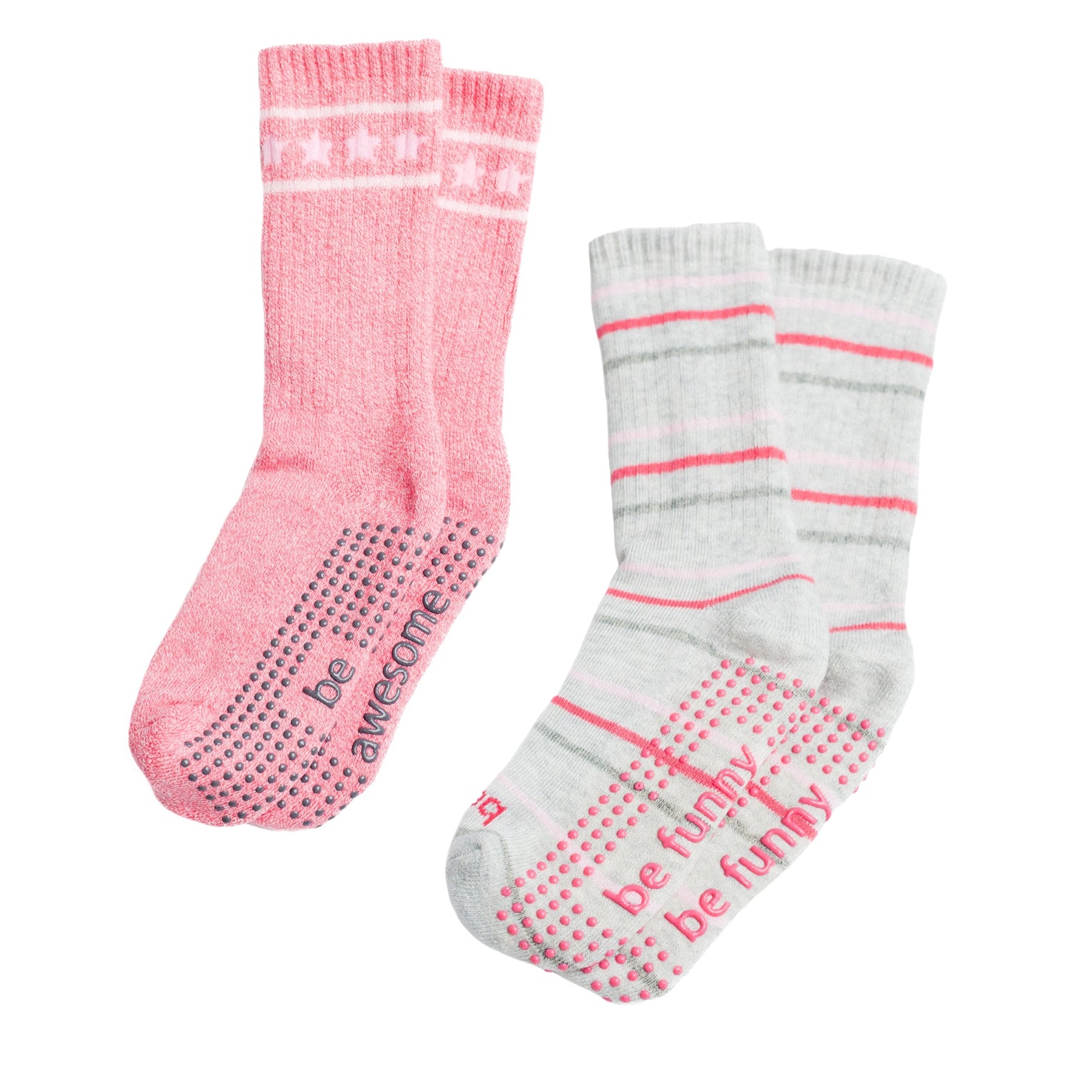 Two pairs of socks, one pink and one gray with text, on a white background.
