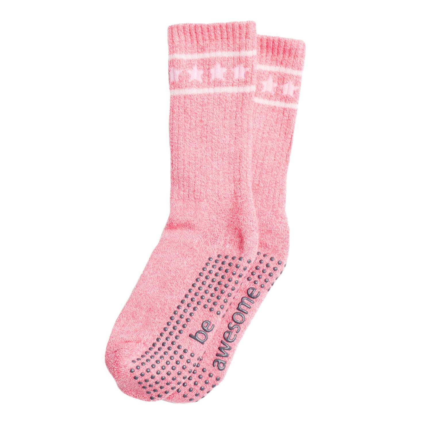 Two pairs of socks, one pink and one gray with text, on a white background.