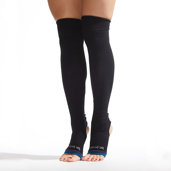 be positive stirrup grip leg warmers black/teal, sticky be socks, best grip socks, best grippy socks, best yoga socks, best pilates socks