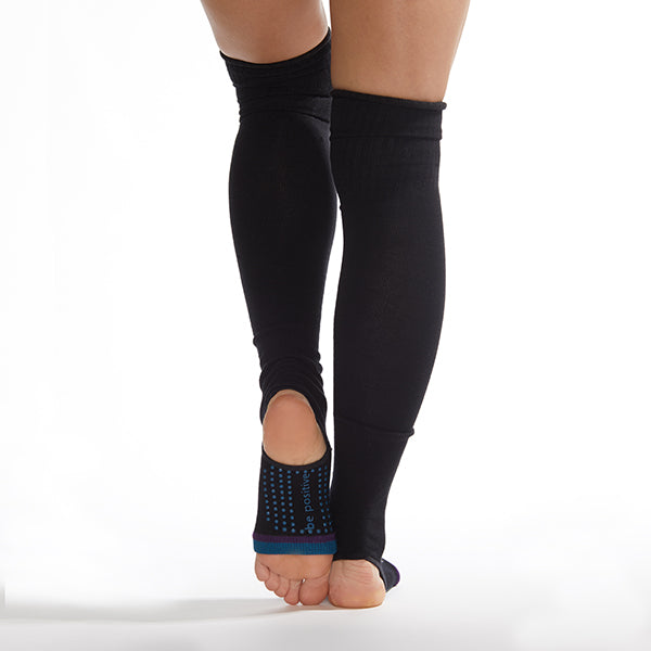 be positive stirrup grip leg warmers black/teal, sticky be socks, best grip socks, best grippy socks, best yoga socks, best pilates socks